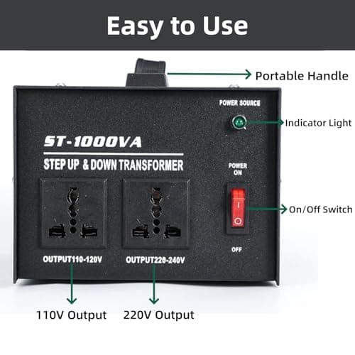 ybaymy 1000W Voltage Transformer, 220/240V to 110/120V Step Up & Step Down Voltage Converter, UK to US 110V & 220V Outlets, 1000VA Voltage Converter with UK Standard Plug and Circuit Break Protection — view 4