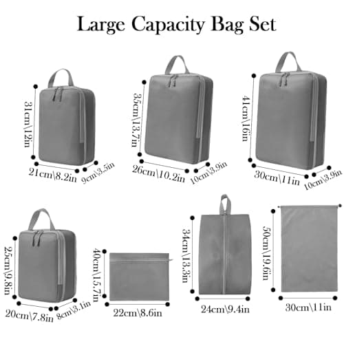 Compression Packing Cubes, 7-Piece Set - Waterproof Travel Organiser Bags for Clothes,Cosmetics, Shoes & Toiletries, Space-Saving Luggage Packing Essentials for Suitcases & Backpacks (Grey) — view 2