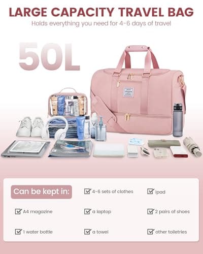 LOVEVOOK Travel Hospital Bag for Women, 50L Large Weekend Overnight Holdall Duffle With Toiletry Bag, Shoe Compartment & Wet Pocket, Waterproof Gym Yoga for Sports Flight, Pink — view 5
