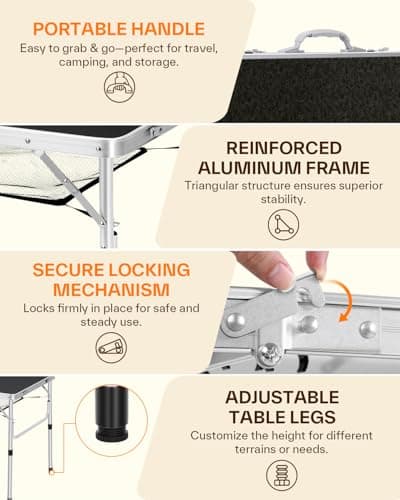 Sportneer Folding Camping Table Height Adjustable Small Folding Table (Black, 90x60cm (2 Height)) — view 5