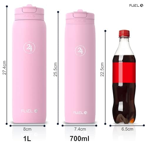 Fuel24 Duo - Stainless Steel Water Bottle 700ml or 1L - Vacuum Insulated Metal Flask with Straw (Dual use Lid) 1 Litre - for Sports, Gym, Work – Slim Design (Blush, 700 ml) — view 4