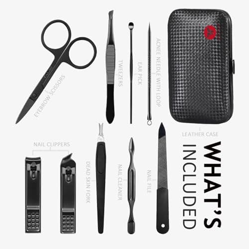 Manicure Set 9 in 1 Stainless Steel, Nail Clippers Scissors Pedicure Tools Kit - Portable Travel Grooming Kit for Men and Women with Black/Red Leather Case (Red) — view 2
