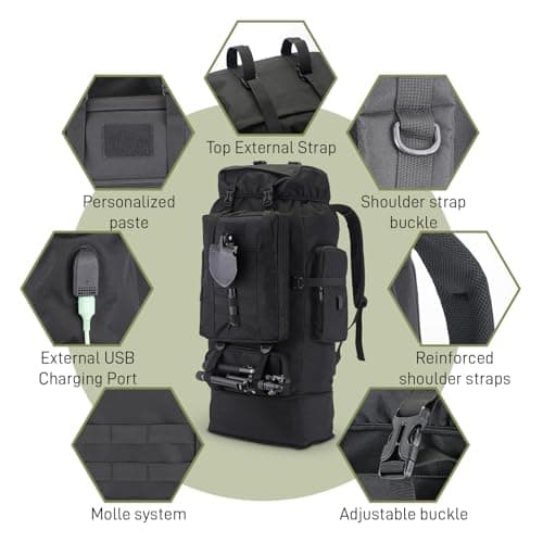 Nayubo ​​100L Hiking Backpack Tactical Military Molle Rucksack with USB Charging Port - Large Capacity Men Women Camping Gear for Backpacking, Trekking, Climbing, Outdoor Travel (Black) — view 3