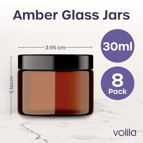 Amber Glass Jars - 8 Pack (30ml) with Lids - Brown Travel Cosmetic Containers with Spatula - UV Protection for Powder, Lotion and Cream — view 3
