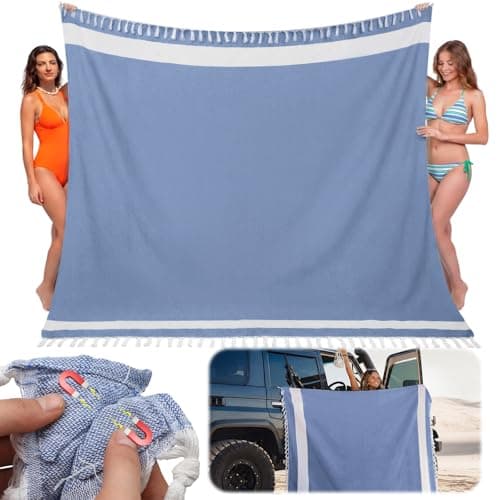 HunnmingRe 1 Pcs 82 x 88 Inch Extra Large Magnetic Beach Towel Oversized Turkish Blanket Cotton XXL Sandproof Towels Huge Big Giant Throw Quilt Blankets for Adult Picnic Camping Travel Pool (Blue)