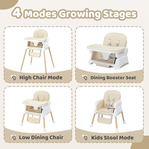 Bonnlo 4-in-1 Foldable Baby High Chair, Adjustable Height with Detachable Tray, 5-Point Safety Harness, Highchair for Toddlers 6 to 36 Months, Beige — view 2