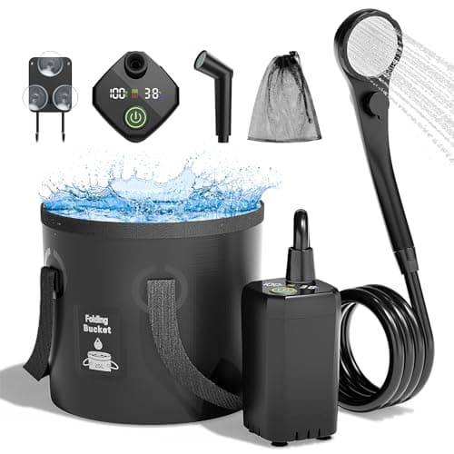 Mytrix Upgraded Portable Camping Shower Full Set, 6000mAh Rechargeable Power Suction Pump with Smart Display, Multi-Modes Spray Head & 5 Gal Water Foldable Bucket for Outdoor Travel Hiking