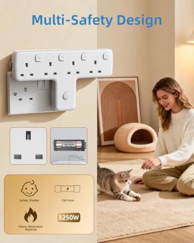 Mscien Multi Plug Adopter, Plug Extension with Independent Switches, 4 Way Plug Adapter UK Built-in Surge Protector, 4 in 1 Wall Socket Plug Extender with 180 Degree Rotation Button — view 5