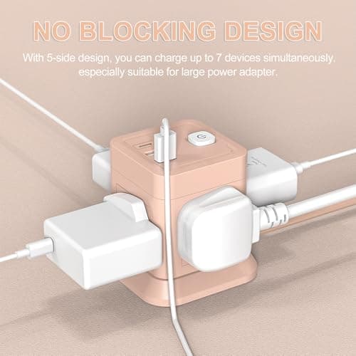 Cube Extension Lead with USB Slots, BEVA 4 Way Multi Plug Power Strip with 3 USB Ports (5V/2.4A), Desktop Power Extension Socket with 1.5M Extension Cords for Home Dorm Office Travel-PINK — view 5
