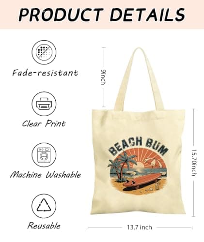 Canvas Tote Bag for Women Girls Beach Bum Reusable Totes with Inner Pocket — view 4
