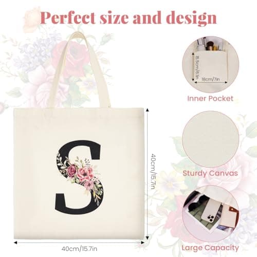 ABOHU Initial Canvas Tote Bag, Personalized Present Bag with Floral Makeup Bag, Premium Cotton Tote Bags for Wedding, Birthday, Beach, Holiday, Great Gift for Women, Mom, Teacher, Friends, Bridesmaids — view 4