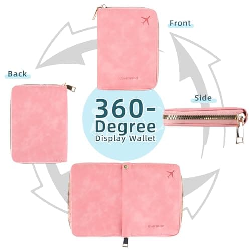 Zidoley Passport Holder Travel Wallet RFID Blocking, PU Leather Travel Document Organiser with Zipped Closure & Wrist Strap, Document Organiser, Holiday Travel Essentials for Men & Women (Pink) — view 6