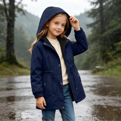 Navy Girls Waterproof Jacket Windproof Hooded Raincoat Outdoor 9 Years — view 3