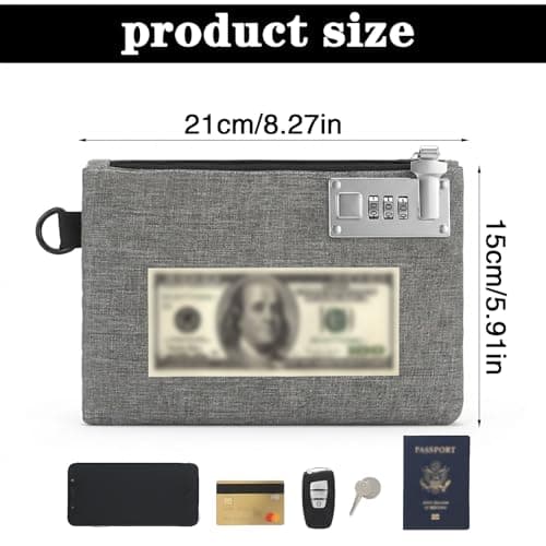 Lockable Money Pouch with Combination Lock, Grey Travel Safe Bag for Cash Passport Jewellery, Waterproof Oxford Fabric Security Wallet with 3-Digit Lock, Men Women, 8.27 × 5.91 inches — view 2