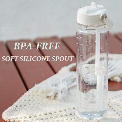 GOPPUS 1000ml/32oz Clear Water Bottle with Straw, Tritan Leakproof Sports Drinking Bottle, BPA Free Wide Mouth Gym Bottle with Handle and Measurement Marks for School, Gym, Travel (Transparent) — view 4