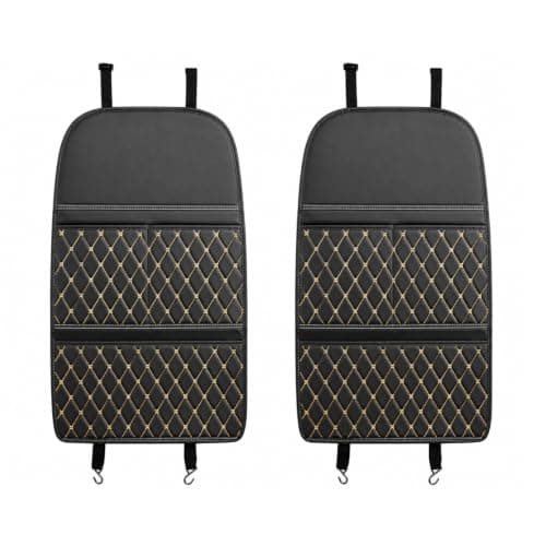 Minifactory 2Pcs Car Seat Back Anti Kick Mat PU Leather Waterproof Backrest Protector Pad with Storage Pockets Kick-Resistant Automotive Interior Accessories Universal Black (Gold Checkered Pattern)