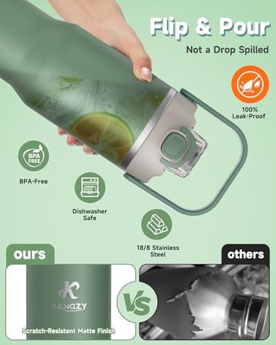 KANGZY Metal Water Bottle with Straw 1L/32oz – Vacuum Insulated Stainless Steel Flask, 2-in-1 Straw & Spout Lid, BPA-Free Leak-Proof Tumbler, Keeps Drinks Hot 8H+ / Cold 24H for Work, Travel Green — view 3