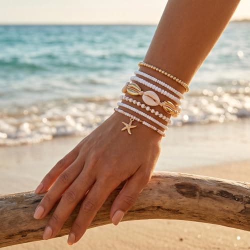 Xqzbmt 7Pcs Summer Beach Bracelets, Beaded Boho Bracelets for Women Shell Starfish Stackable Bracelets Set, Elastic Layered Bracelet Stack, Aesthetic Mermaid Beach Accessories Gift for Summer Holiday — view 2