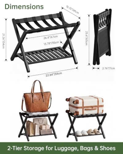 SMIBUY Luggage Rack, Foldable Bamboo Suitcase Stand with Storage Shelf for Guest Room, Bedroom, Hotel, Heavy-Duty (Black) — view 3