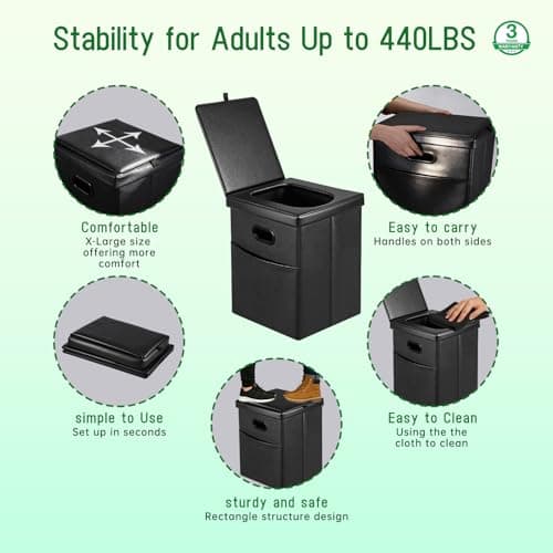 Panmout 16.5" XL Portable Toilet for Camping, Foldable Travel Toilet for Adults with Cushioned Seat, Heavy Duty 440lbs Capacity Commode for Car, Road Trip, Outdoor Emergency & Bedside Support — view 4