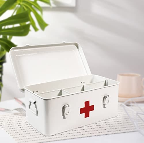 Xbopetda First Aid Medicine Box, First Aid Kit Supplies Bin, Metal Medicine Storage Tin, First Aid Empty Box with Safety Lock for Home Emergency Tool Set-White — view 5