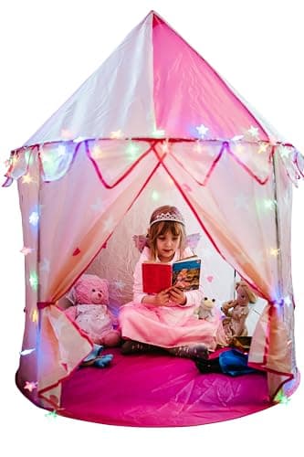 Kids Play Tent for Girls; Multi-Coloured Star Lights & Squeezy Squishy Rainbow Frog. Compact Size Kids Play Tents-105 cm wide. Pop Up Tent for 3 4 5 6 7 Year Old Girls – Indoor/Outdoor play tent