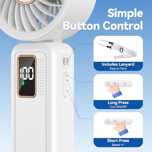 Handheld Fan, 5 Speed & 14H Cooling Portable Fan, 6000mAh USB Rechargeable Mini Fan with LED Display, Powerful but Quiet, Foldable Desk Fan, Lanyard for Neck Fan, Personal Fan for Travel/Office/Home — view 6