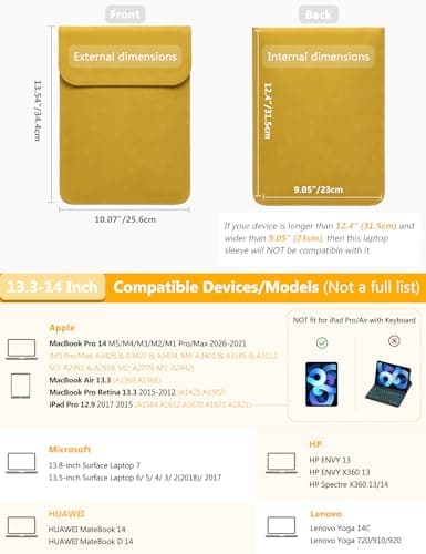 HYZUO 13.3-14 Inch Laptop Sleeve Case for MacBook Pro 14 M5, OliveYellow — view 6