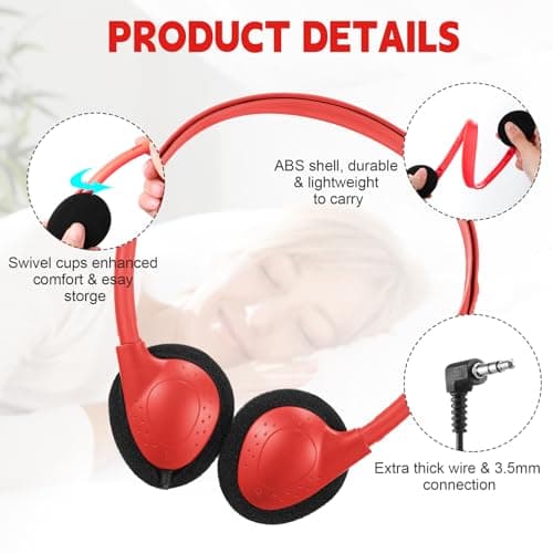Konohan 10 Pack Headphones Bulk Headphone for School Classroom Student Wired Headphones Adjustable with 3.5 mm Jack for Adults (Red) — view 3