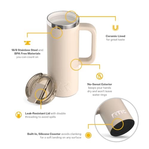 RTIC 20oz Road Trip Travel Mug with Lid and Handle, Ceramic Lined, Insulated, Stainless Steel, Metal, Double Wall Vacuum-Insulation, Portable Coffee, Tea Cup for Hot and Cold Drink, Beach — view 3