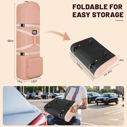 Golf Travel Bags with Wheels, 1200D Heavy Duty Oxford Wear-Resistant with Extra Storage Bag, Lightweight & Portable Golf Club Travel Cover for Airlines Easy Storage，Pink：Handle — view 2