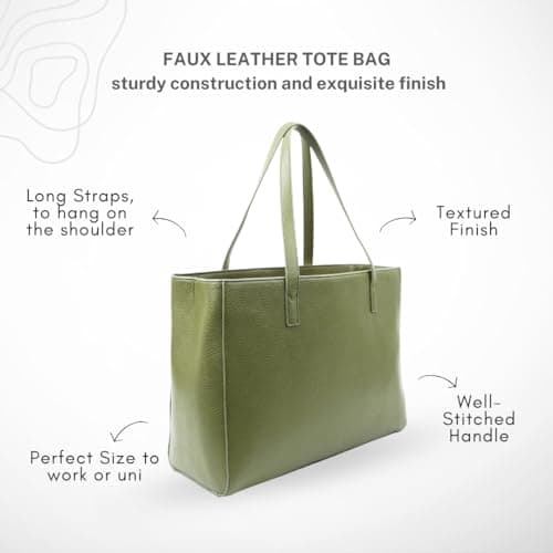 Tommy & Kate GLORIA Spacious Tote Bag for Women Shoulder Laptop Tote Bag Large PU Leather Ladies for Work School Business with Zipped Compartment and Inner Pocket (Olive) — view 5