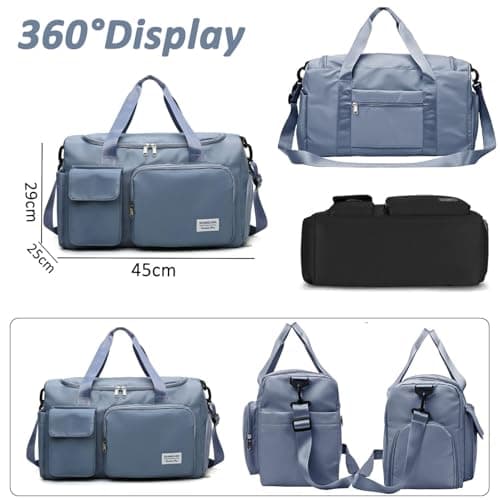 Sports Gym Bag Foldable Overnight Weekend Bags Womens Mens Duffel Bag with Shoes Compartment Water Resistant Holdall with Wet and Dry Separation Bag for Sports and Travel (Blue) — view 2