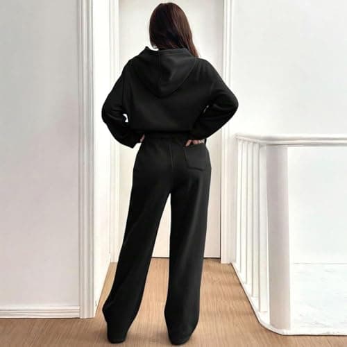 Tracksuit Womens Full Set Oversized 2 Piece Outfits Long Sleeve Hoodie and Sweatpants Women Lounge Wear Sets Fashion Sweatsuits Wide Leg Jogger Loose Loungewear Gym Fitness Activewear Set Black XL — view 2