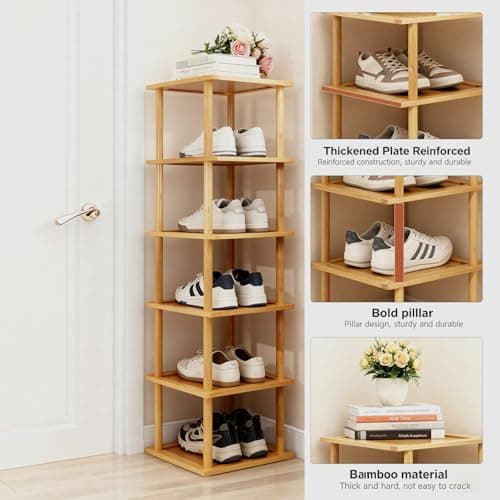 Aniston 6 Tier Vertical Small Shoe Rack Bamboo,Free Standing Slim Narrow Shoe Storage,Shoe Shelf Organiser for Garage Closet Doorway Garage Living Room Space Saving (6 Tier) — view 3