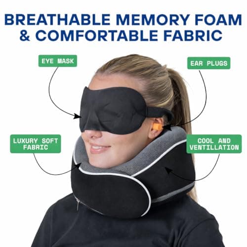 Relaxd Travel Pillow for Adults | Adjustable Memory Foam Neck Pillow for Travel | 360 Degree Neck Support | Removable Pillow Case | Includes Eye Mask, Earplugs, Travel Bag | Black | UK Brand — view 6