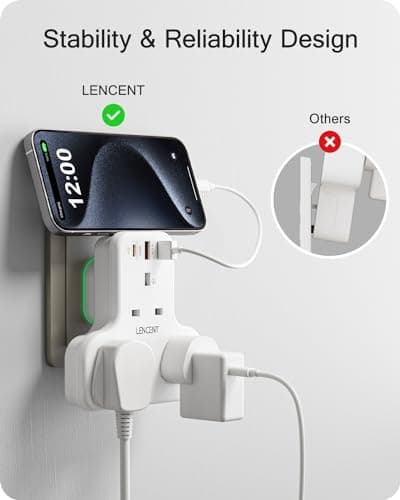 LENCENT 3 Way Plug Adaptor with 3 USB Slots PD&QC 20W, Multi Plug Extension — view 4