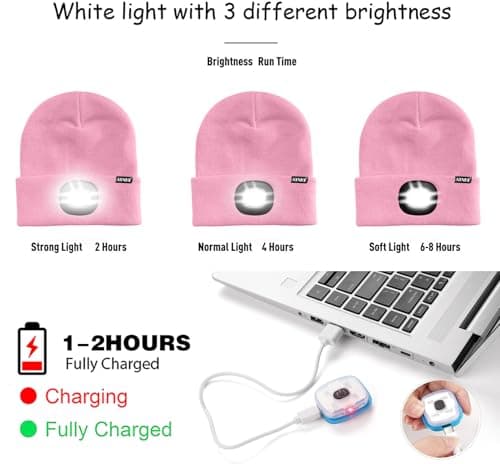 ATNKE LED Lighted Beanie Hat, USB Type C Rechargeable 4 LED Running Headlamp Ultra Bright Cap with Light Hands Free Head Torch Winter Warm Knit Beany Gifts for Men and Women/Pink — view 6