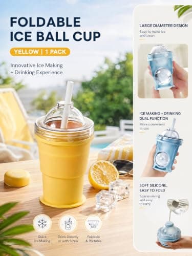 Collapsible Cup Silicone Folding Ice Hockey Cup 2 in 1 Ice Ball Maker with Straw Portable Foldable Leakproof Travel Tumbler for Coffee Camping Office Home (Yellow) — view 4