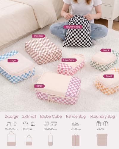 Meowoo 7 Set Compression Packing Cubes for Suitcases, Checker Design — view 3
