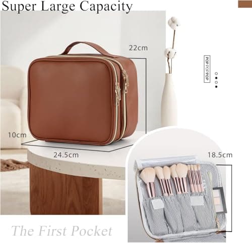 Joligrace Double Layer Makeup Bag Cosmetic Case Vanity Travel Beauty Box Make Up Train Case Hairdressing Tools Organiser with Adjustable Compartment, Brown — view 4