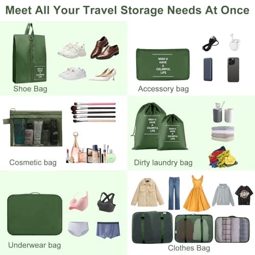 10PCS Packing Cubes for Suitcases, Travel Organiser Packing Bags for Clothes Shoes Toiletries Travel Luggage Organizers Storage Bags (Green) — view 3
