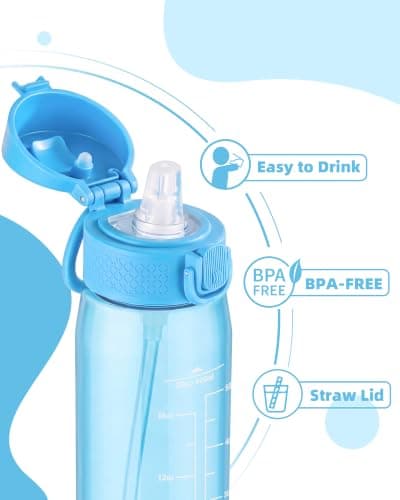 OLDLEY 600ml/20oz Water Bottles with Straw Leakproof Tritan Water Bottle with Handle BPA Free Time Marker Sports Drinking Bottle for School, Travel, Sports (Sky Blue) — view 2