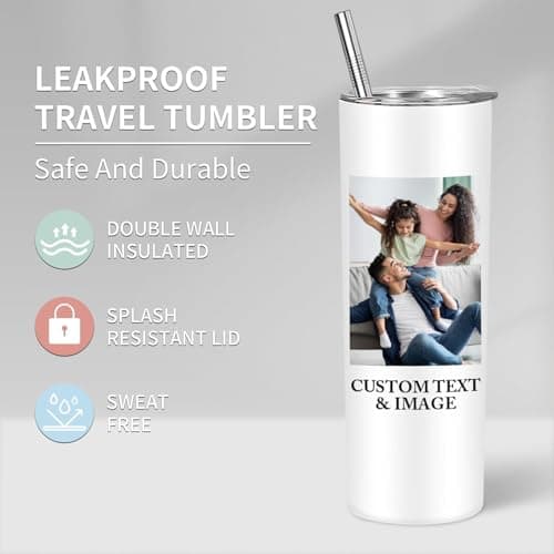 EKAM Personalised Coffee Tumbler with Picture & Text - Personalised Travel Coffee Mug, 20oz Stainless Steel Tumbler Cup with Straw and Lid, Custom Cup Gift for Christmas Day, Birthday, Any Occasion — view 5