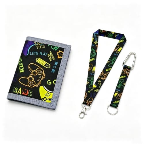 Kids Wallet, Black Canvas Game Console Print Trifold with Slots & Lanyards