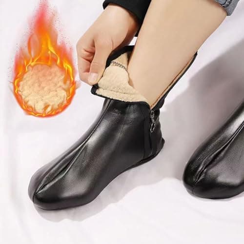 alloneslife Women Men Winter Warm PU Faux Leather Slipper Socks Fleece Lined Thermal Indoor Outdoor Home Slip Middle Tube Socks(Black straight) — view 3