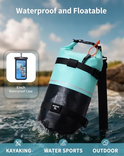 ECOHUB Waterproof Dry Bag for Women Men, 5L Roll Top Lightweight Dry Storage Bag Backpack for Kayaking Boating Swimming Canoeing Fishing with Waterproof Phone Case, Mint Green — view 3