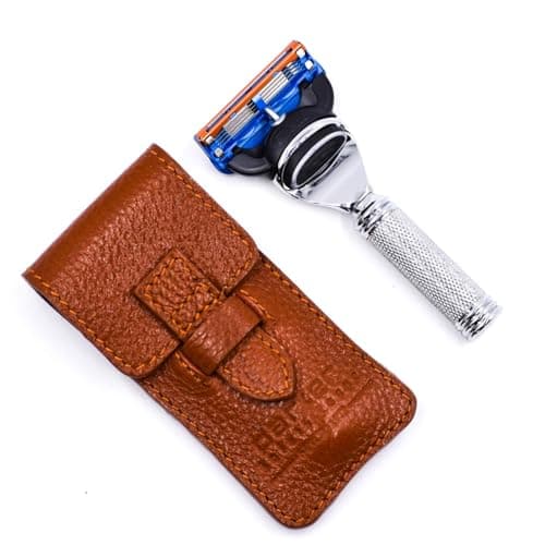 Parker Safety Razor, 5 Blade Travel Razor with Luxurious Saddle Leather Case - Compatible with Gillette's Fusion Razor Cartridges