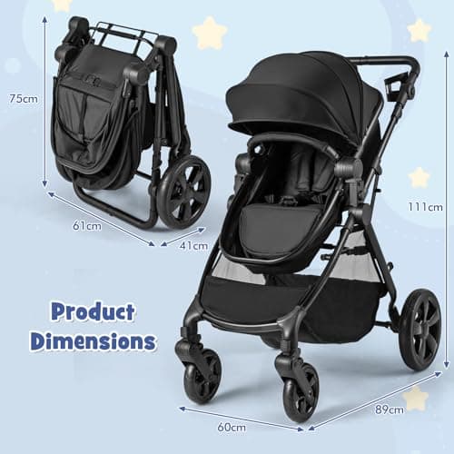 COSTWAY 2 in 1 Baby Pushchair, Foldable Travel System Pram with Reversible Seat, Adjustable Canopy & Handle, Storage Basket, Cup Holder, Lightweight Infant Stroller for 0-36 Months (Black) — view 6