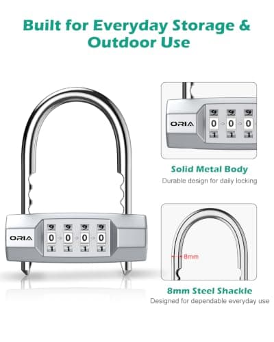 ORIA 4 Digit Combination Padlock with Adjustable Long Shackle, U-Shaped Resettable Lock, Security Number Lock, Zinc Alloy Material, Waterproof Padlock for Gym/Bicycle/Toolbox/Cabinet - Silver — view 5
